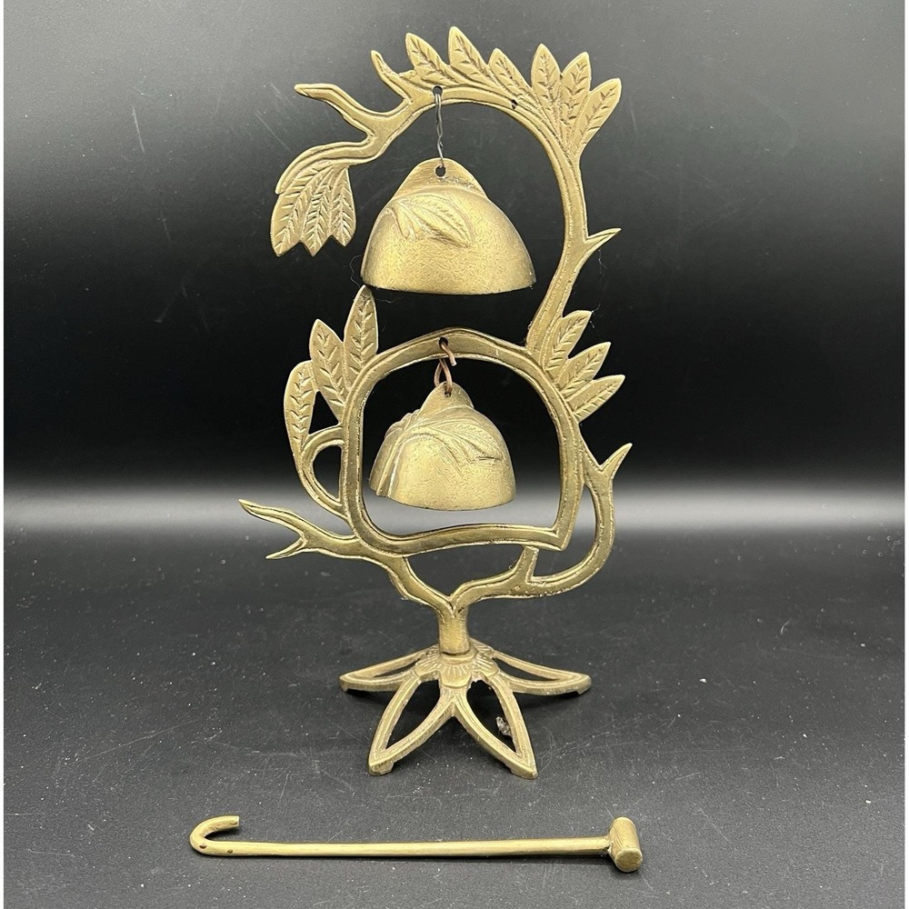 Vintage Brass Double Bell Gong with Striker Ornate Tree Leaf Design Boho Decor